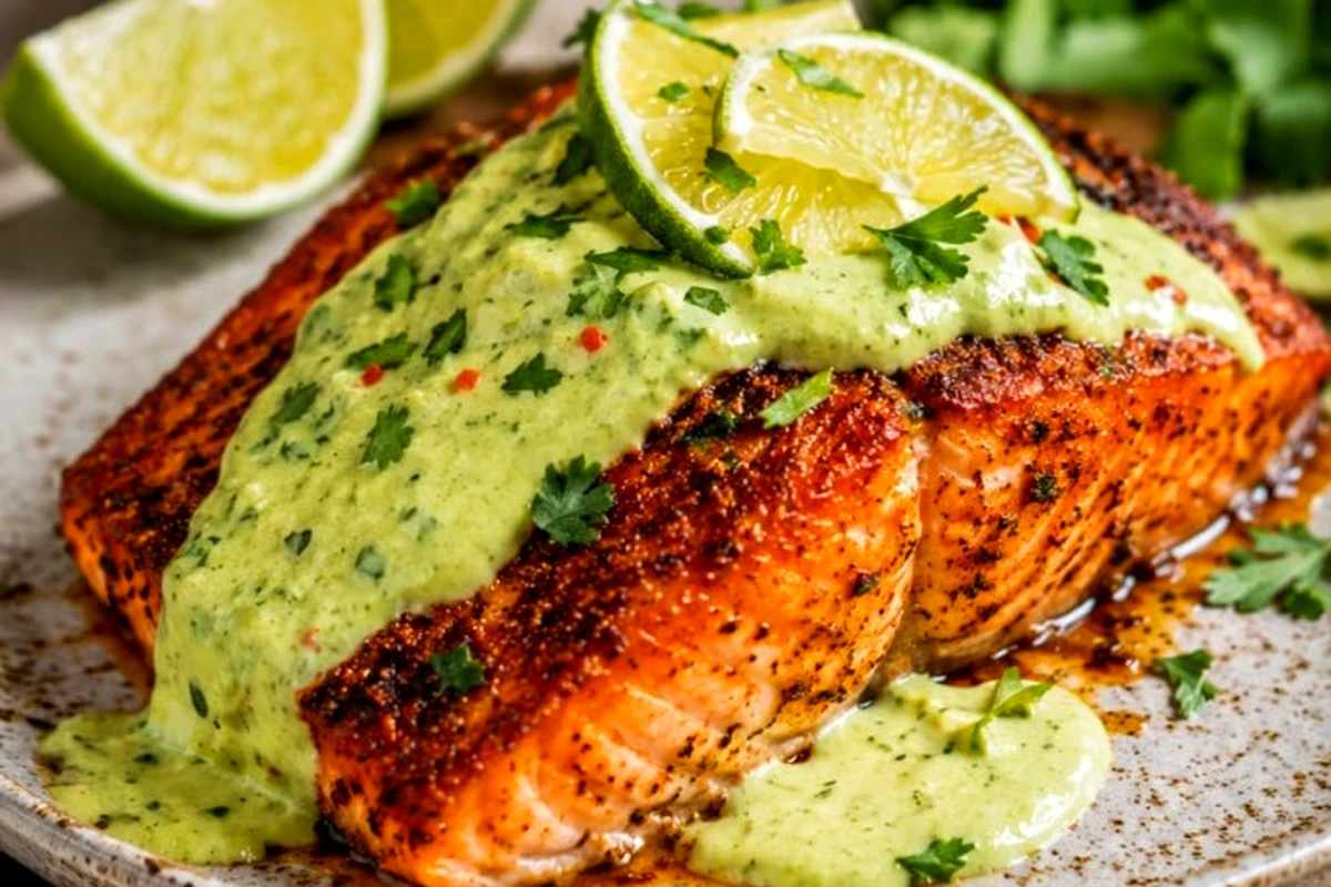 Baked Cajun Salmon with Creamy Avocado Lime Sauce