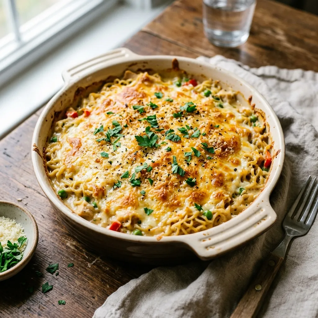 Homemade Creamy Garlic Parmesan Ramen Noodle Casserole