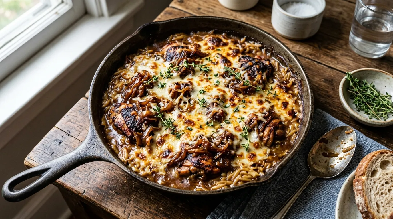 French Onion Chicken Orzo Casserole