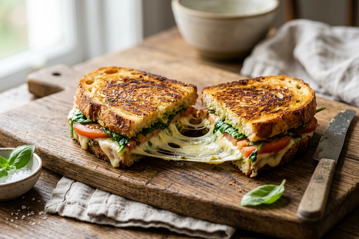 Crispy Spinach Tomato Grilled Cheese (With Pesto & Gooey Mozzarella!)